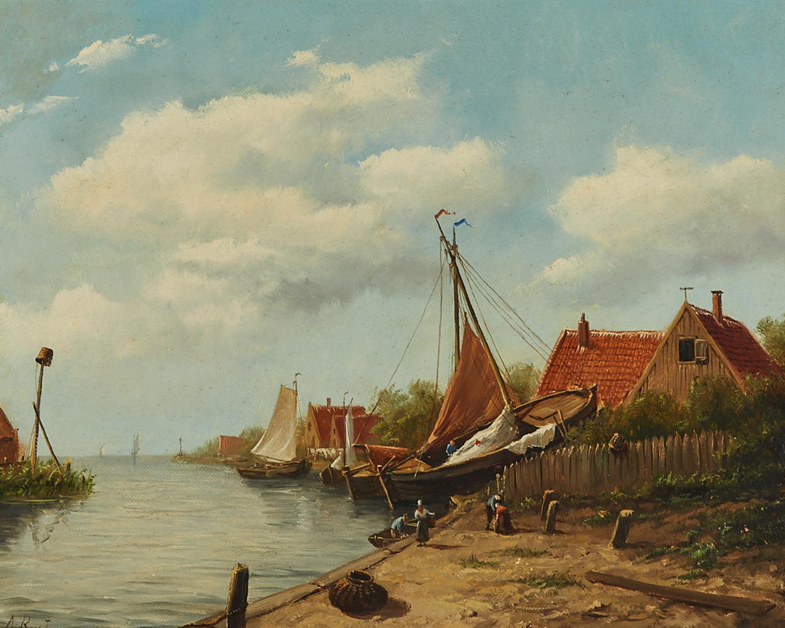 Johann Adolph Rust (1828-1915) - Schepen Op Helling (Boats On Shore With Townsfolk)