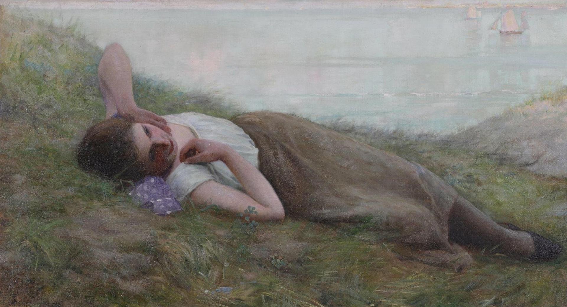 Frank Francis Crawford Penfold (1849-1921) - Young Woman Reclining In A Field With Distant Boats