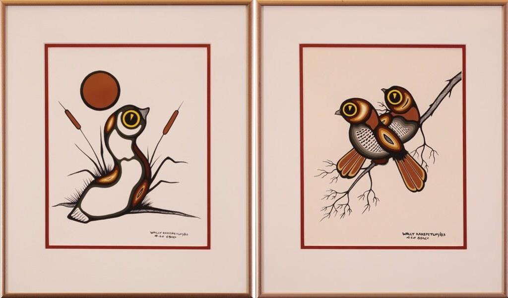 Wally Kakepetum (1955) - Untitled, Two Birds on a Tree Branch; 1983