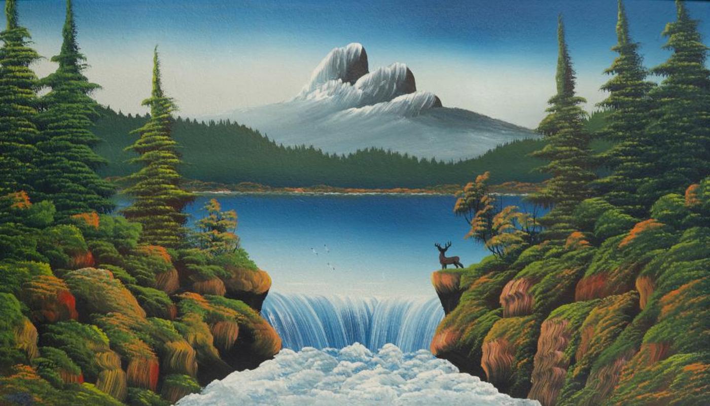 Levine Flexhaug (1918-1974) - Landscape with Elk and Waterfall