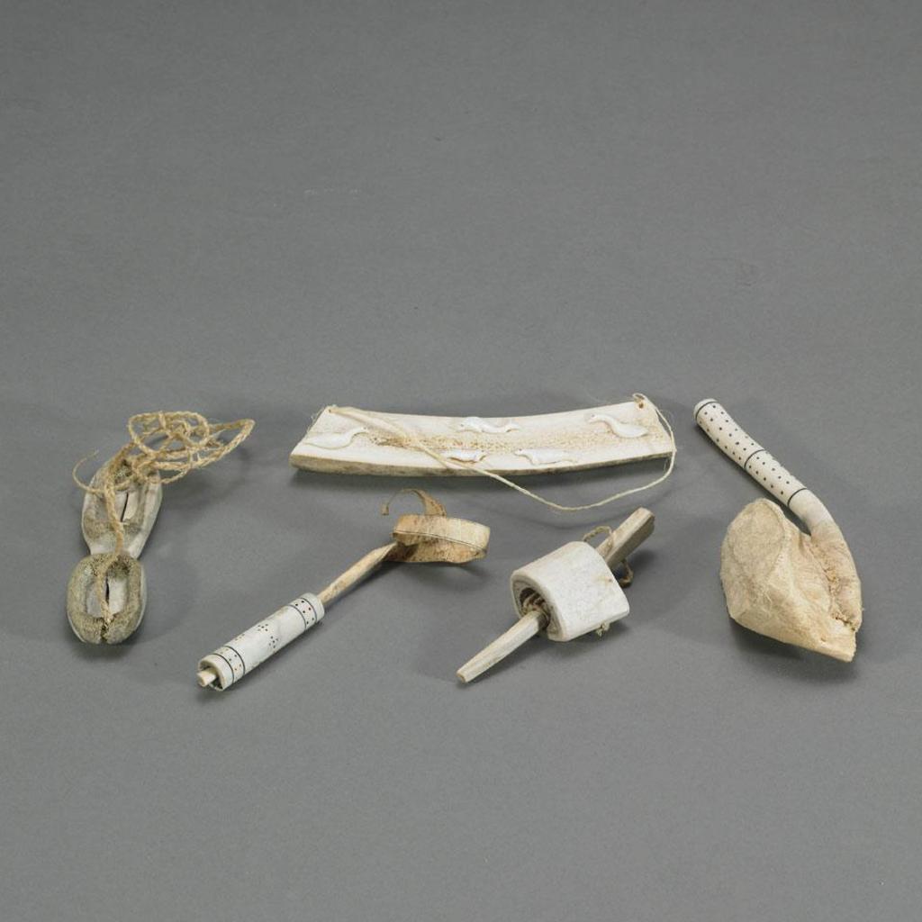 William Ukpatiku (1935) - Dipper, Snow Goggles, Needle Case, Inuit Game,  And An Antler Panel