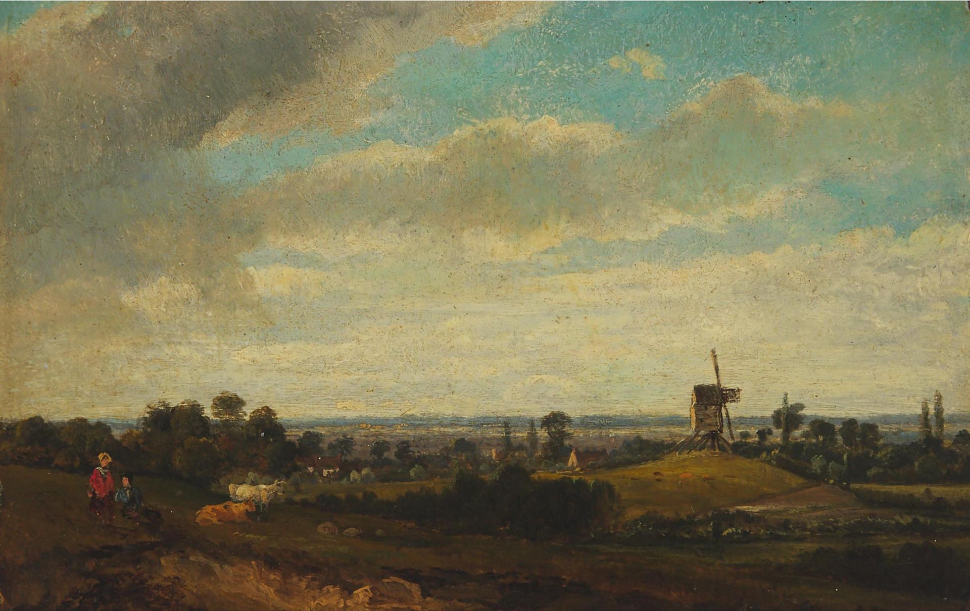 Follower of John Constable (1776-1837) - Pastoral With Windmill, Figures And Cows