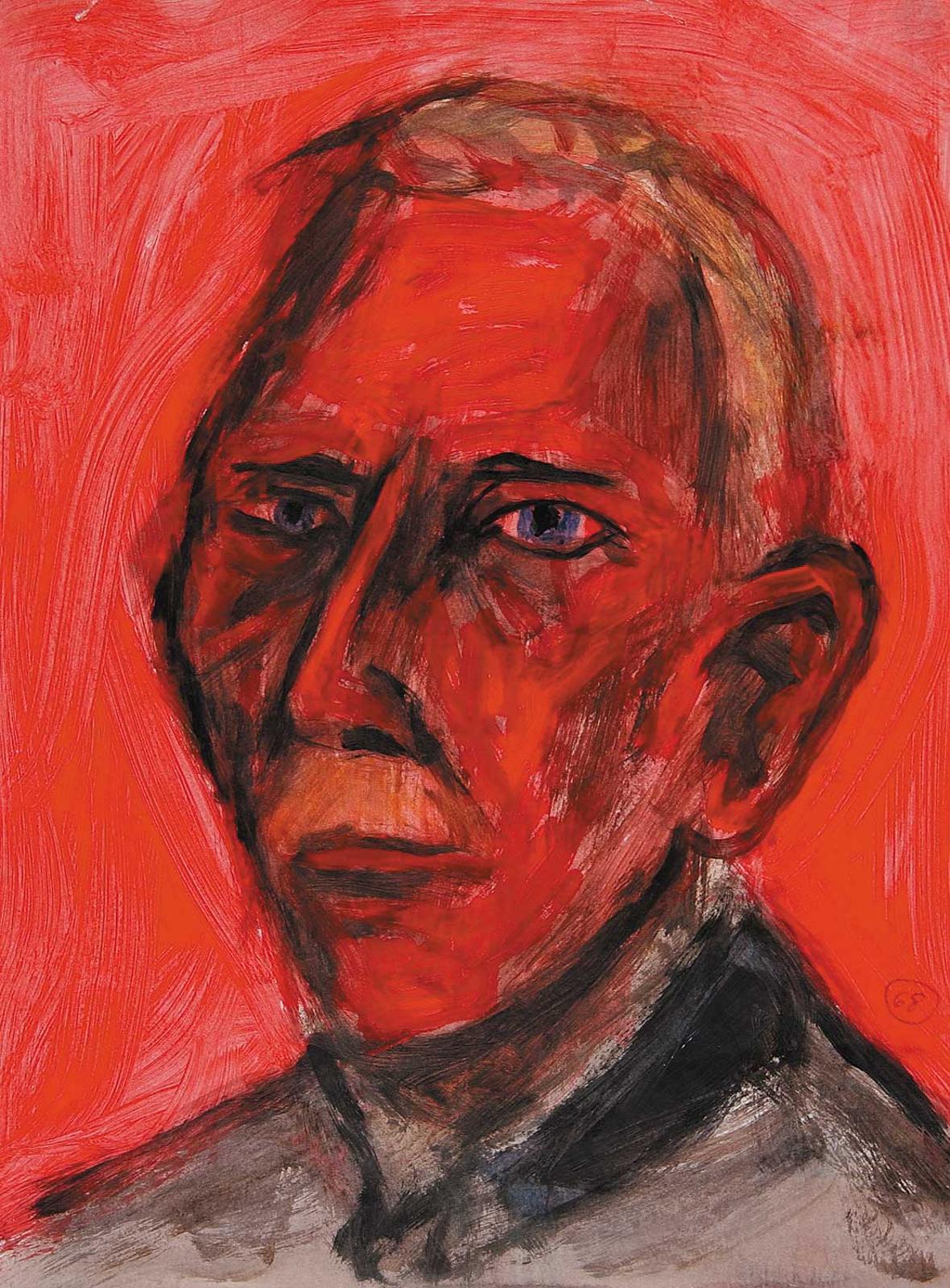 Robert Charles Aller (1922-2008) - Untitled - Old Man with Blue Eyes on Red Background