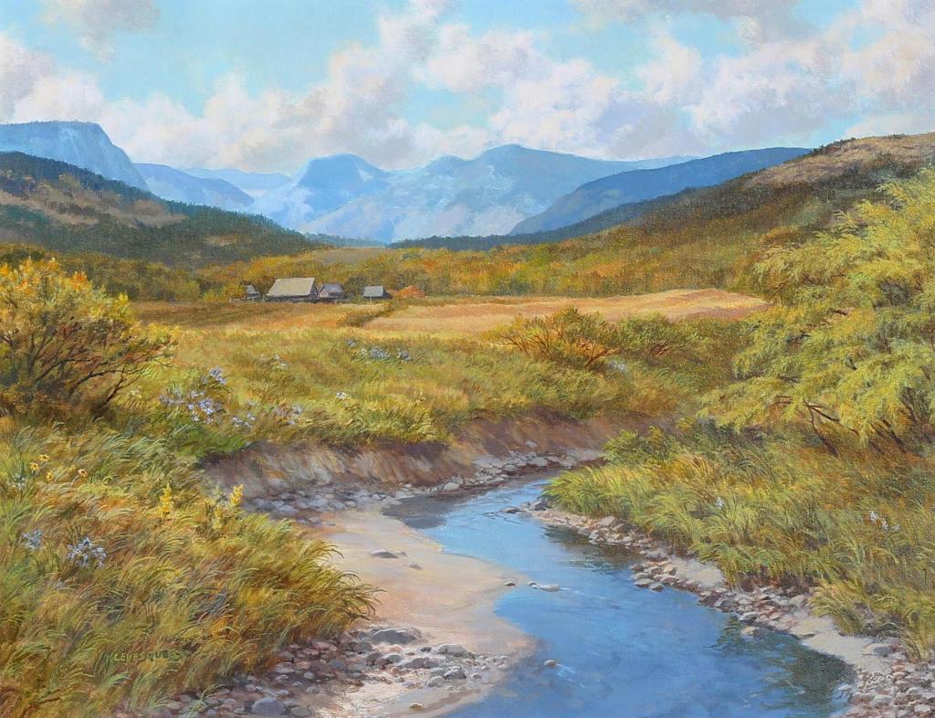 Isabel Levesque (1919-2012) - Farm With Creek And Distant Mountains; 1981