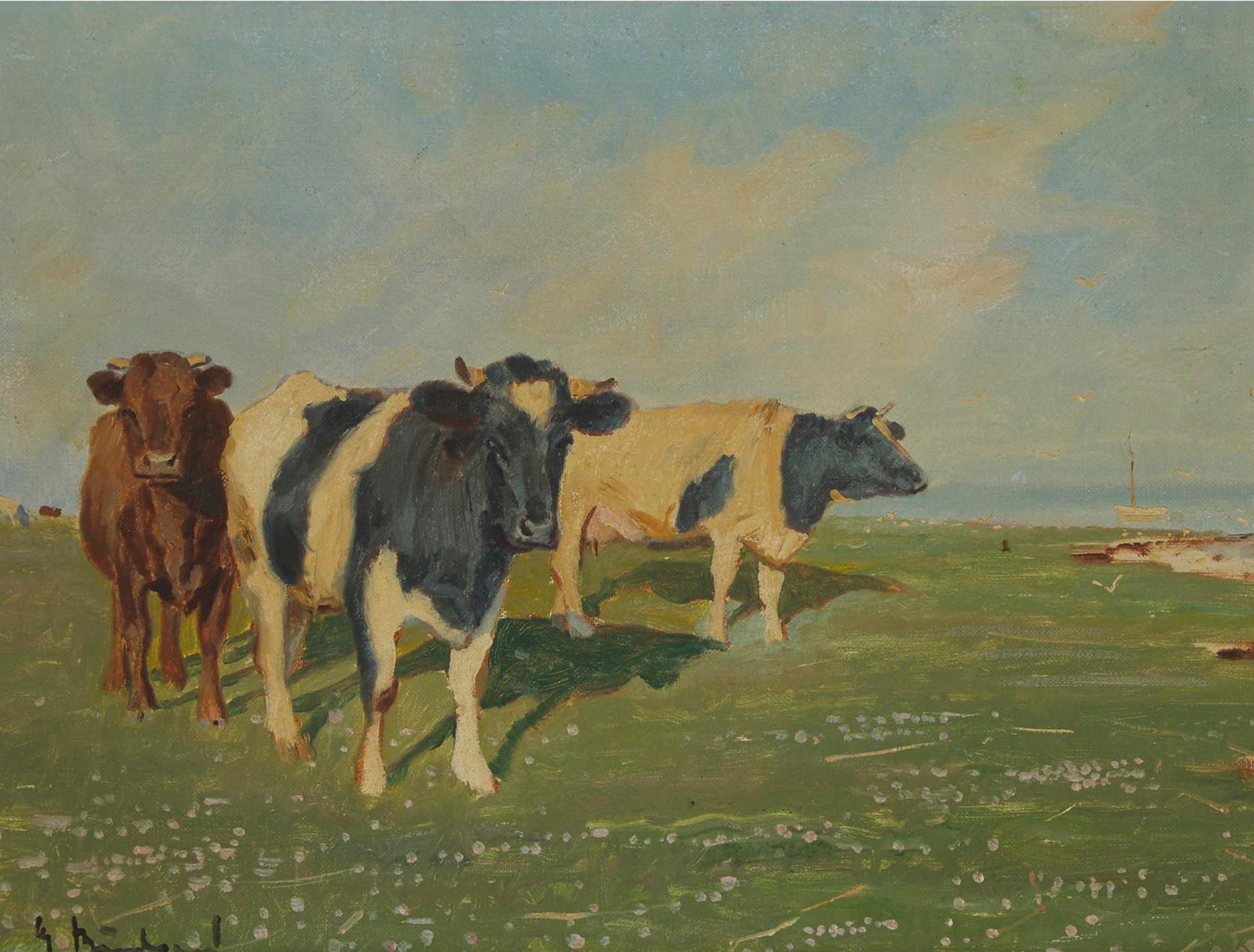 Gunnar Bundgaard (1920-2005) - Two Cows Grazing; The Beach At Aggersund (Stranden V. Aggersund) (With Three Cows Standing); Cow At Rest