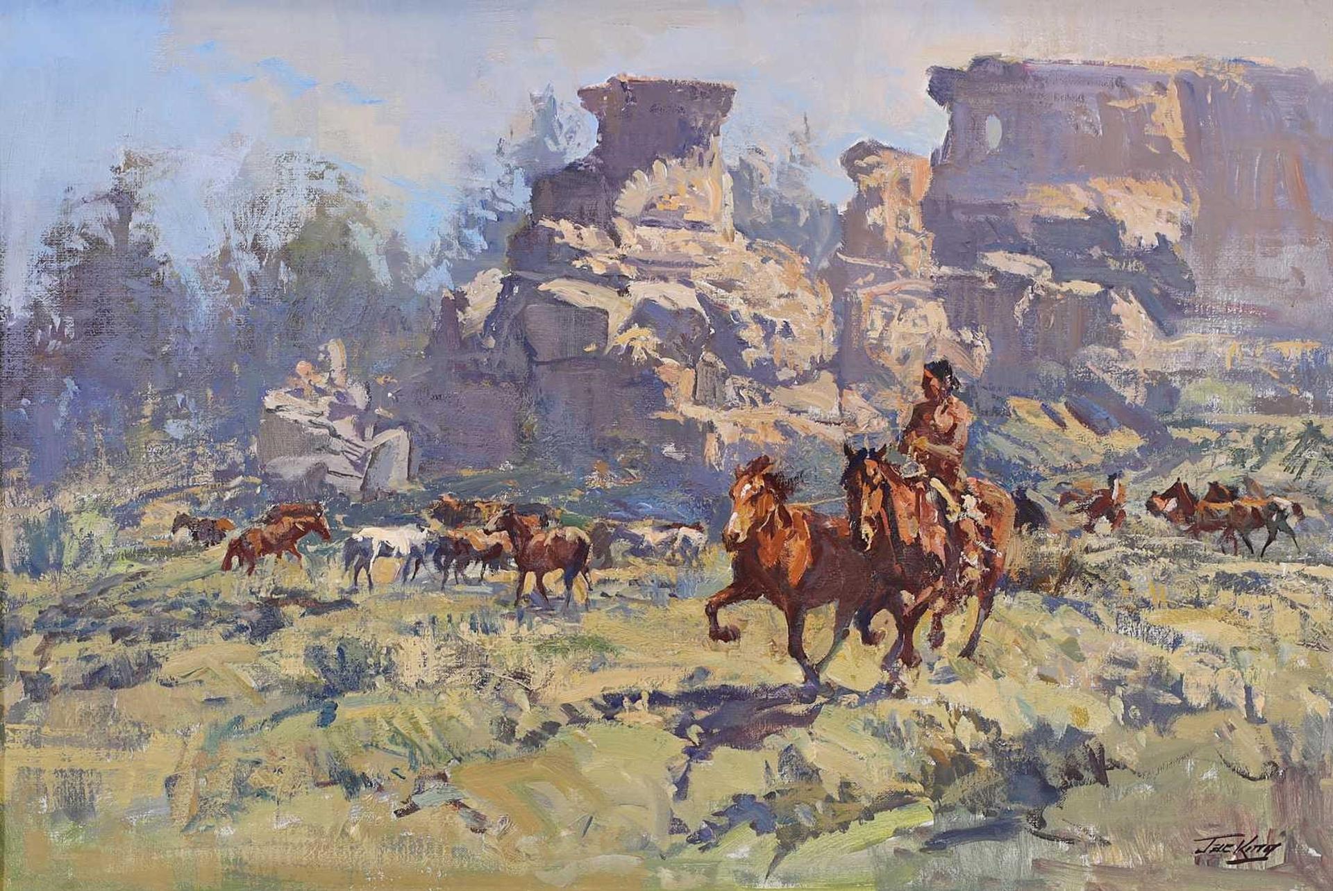 Jack [Jac] Elmo King (1920-1998) - Native American Rider With Horses In A Desert Canyon