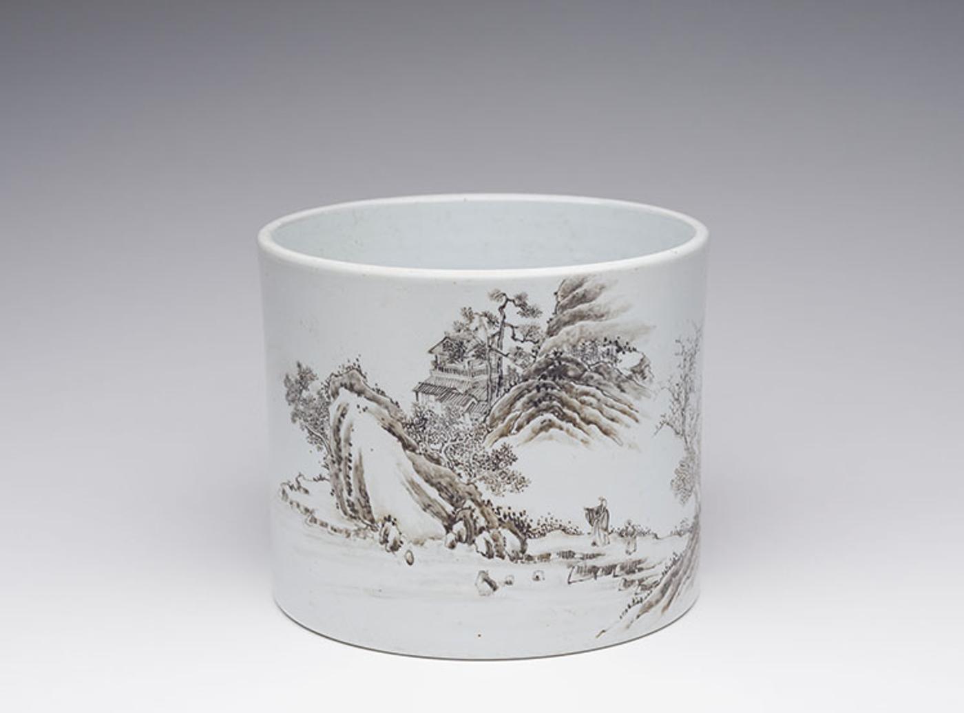 Chinese Art - A Large and Well-Painted Chinese Grisaille 'Landscape' Brushpot, 18th/19th Century