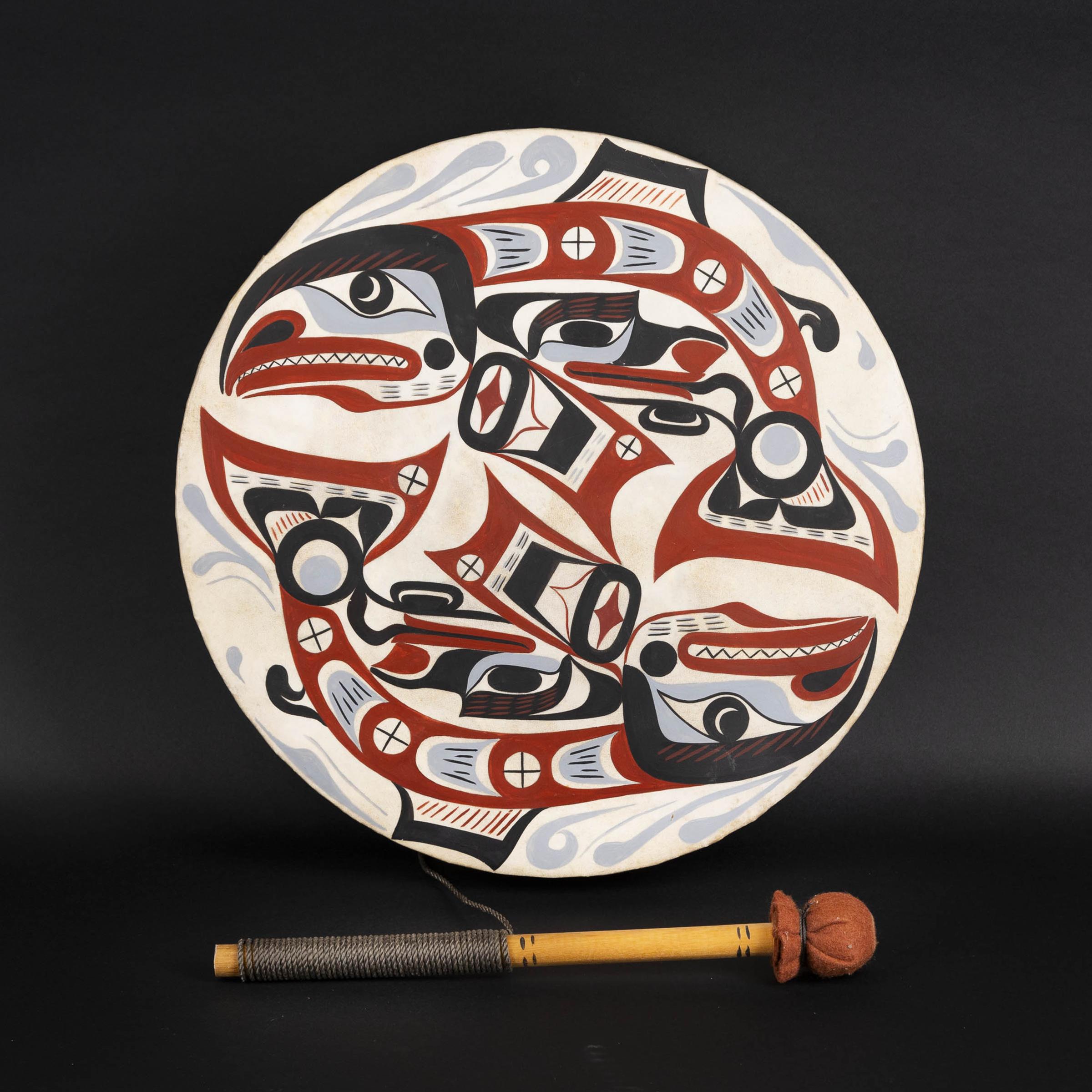 George Hunt Jr. (1958) - Nuu-Chah-Nulth Double Salmon Painted Drum And Stick