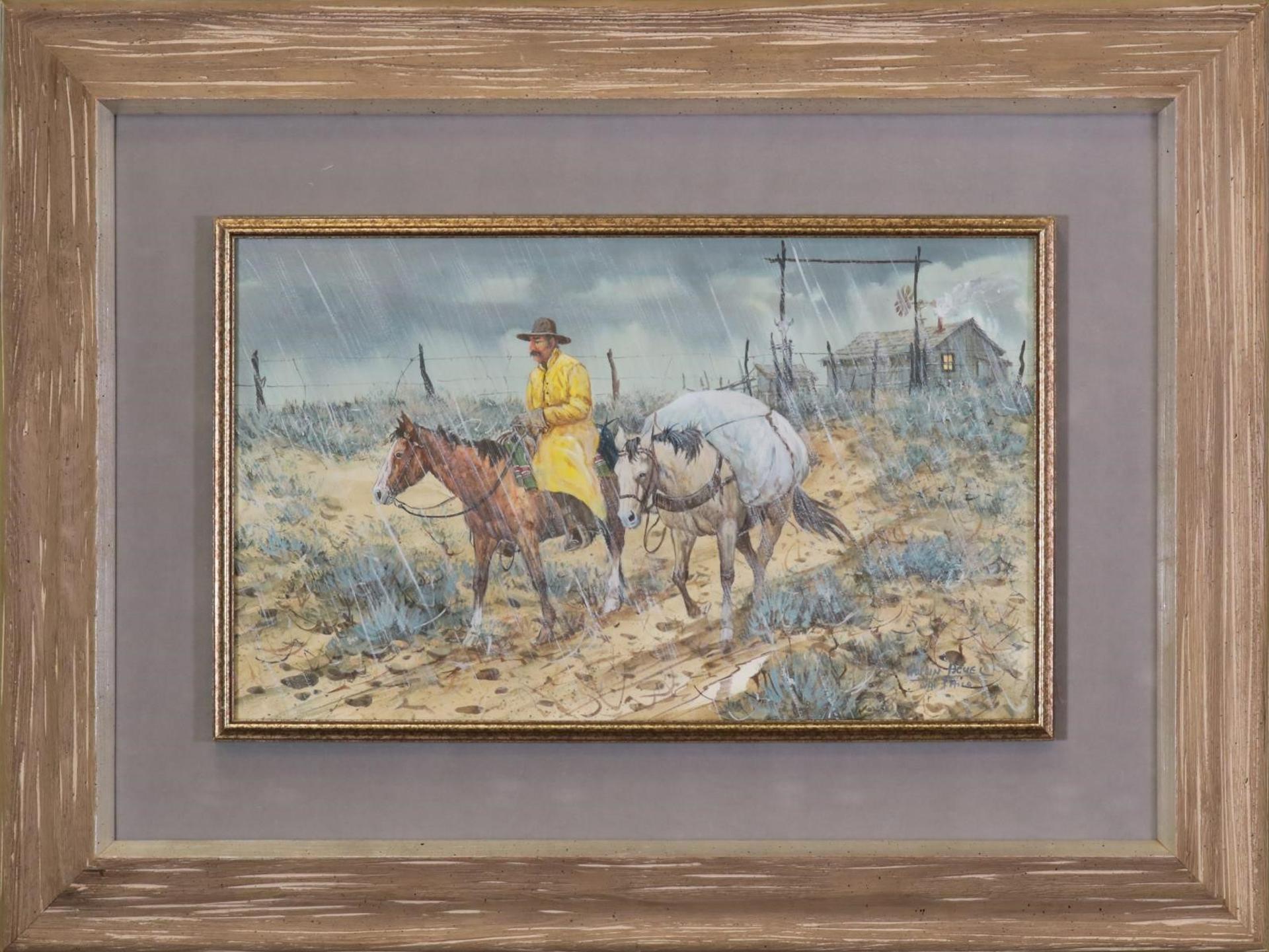 Austin Deuel (1939) - Untitled, Cowboy with Two Horses Riding in the Rain