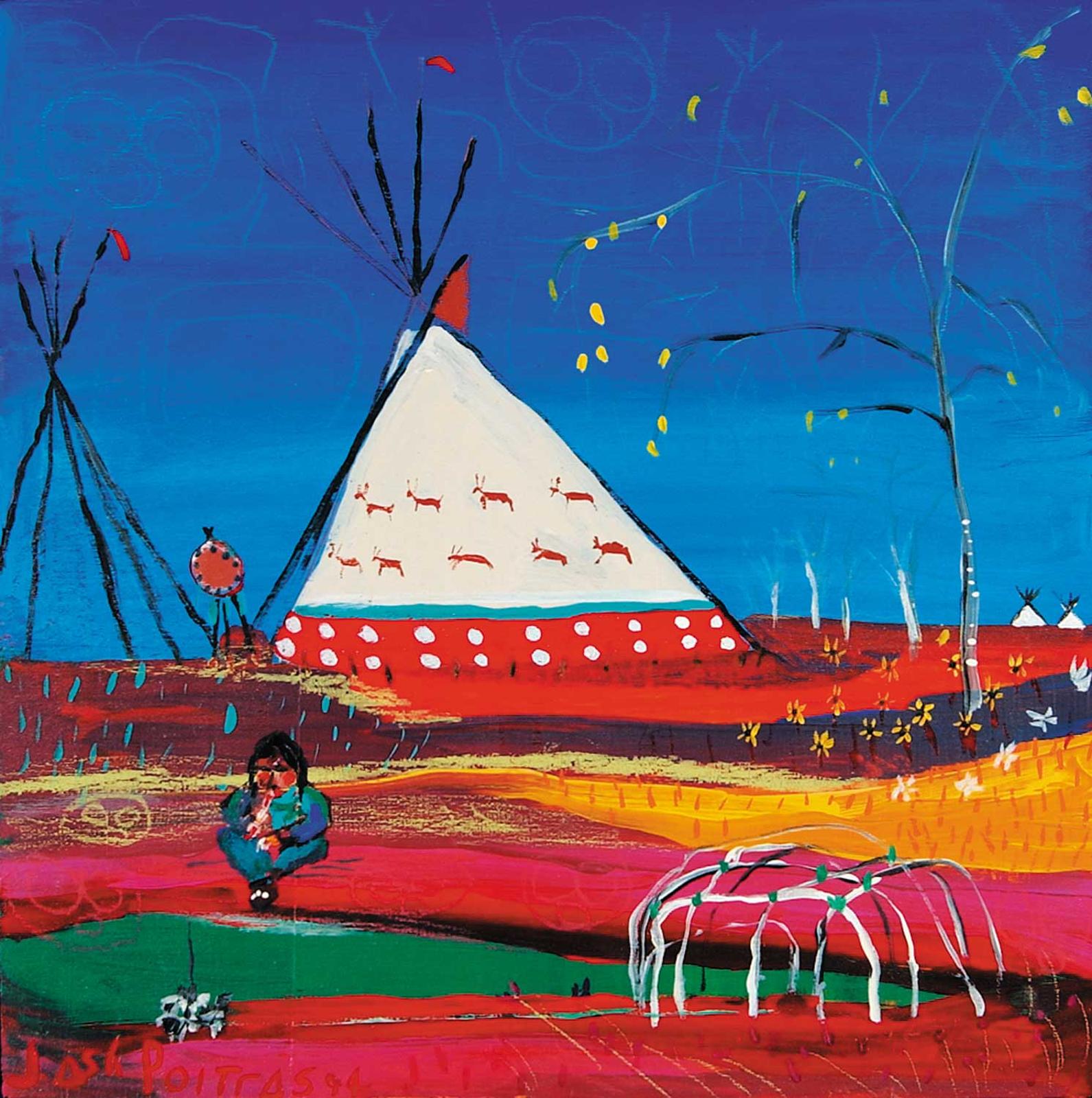 Jane Ash Poitras (1951) - Untitled - Flute Player with Teepee at the Sweat Lodge