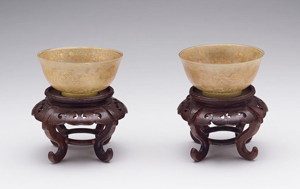 Chinese Art - Pair of Chinese Gilt Painted Celadon Jade ‘Mythical Beast’ Bowls, Qianlong Mark and Probably of the Period (1736 - 1795)