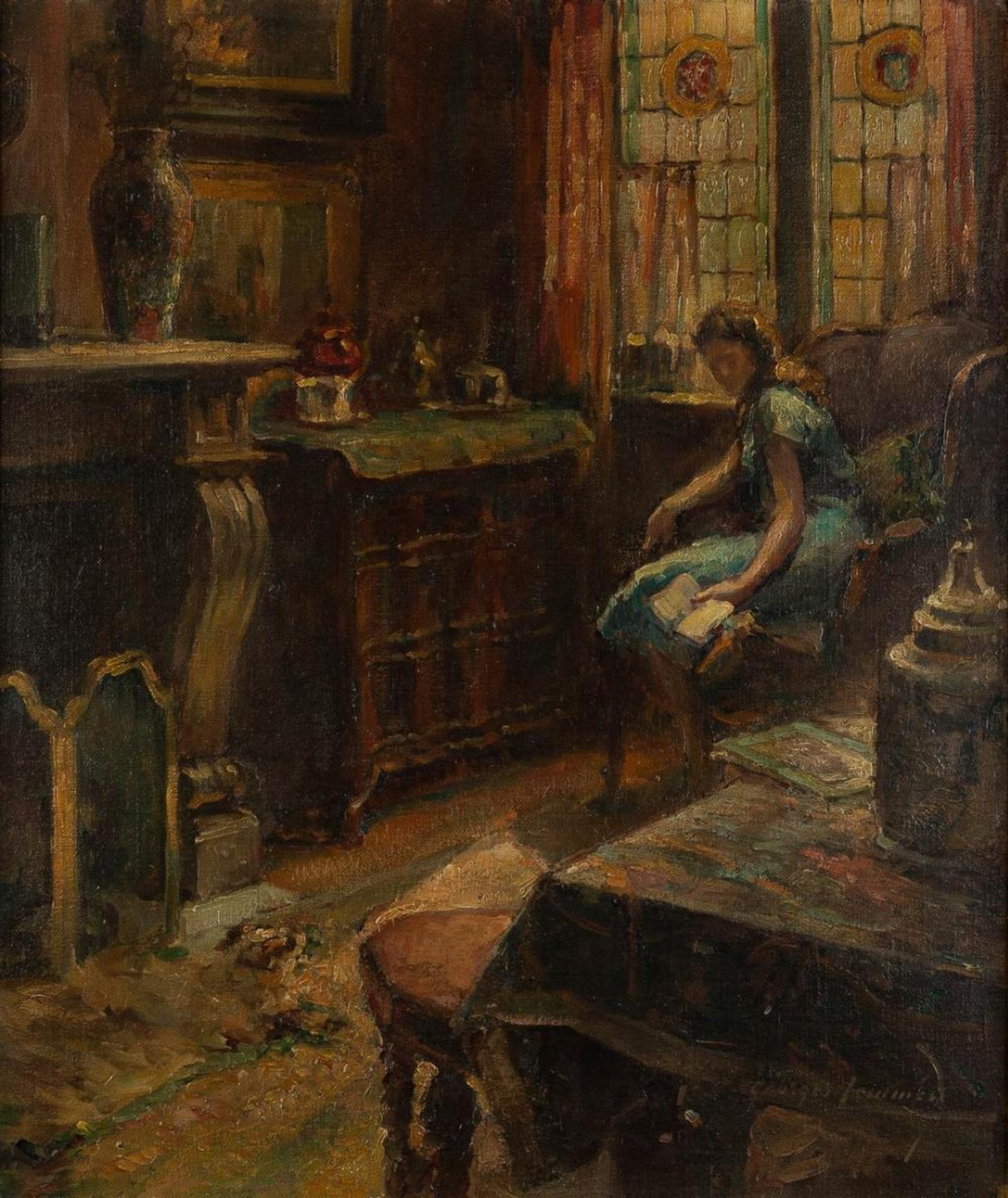 Georges Lemmers (1871-1944) - Interior View with Young Woman