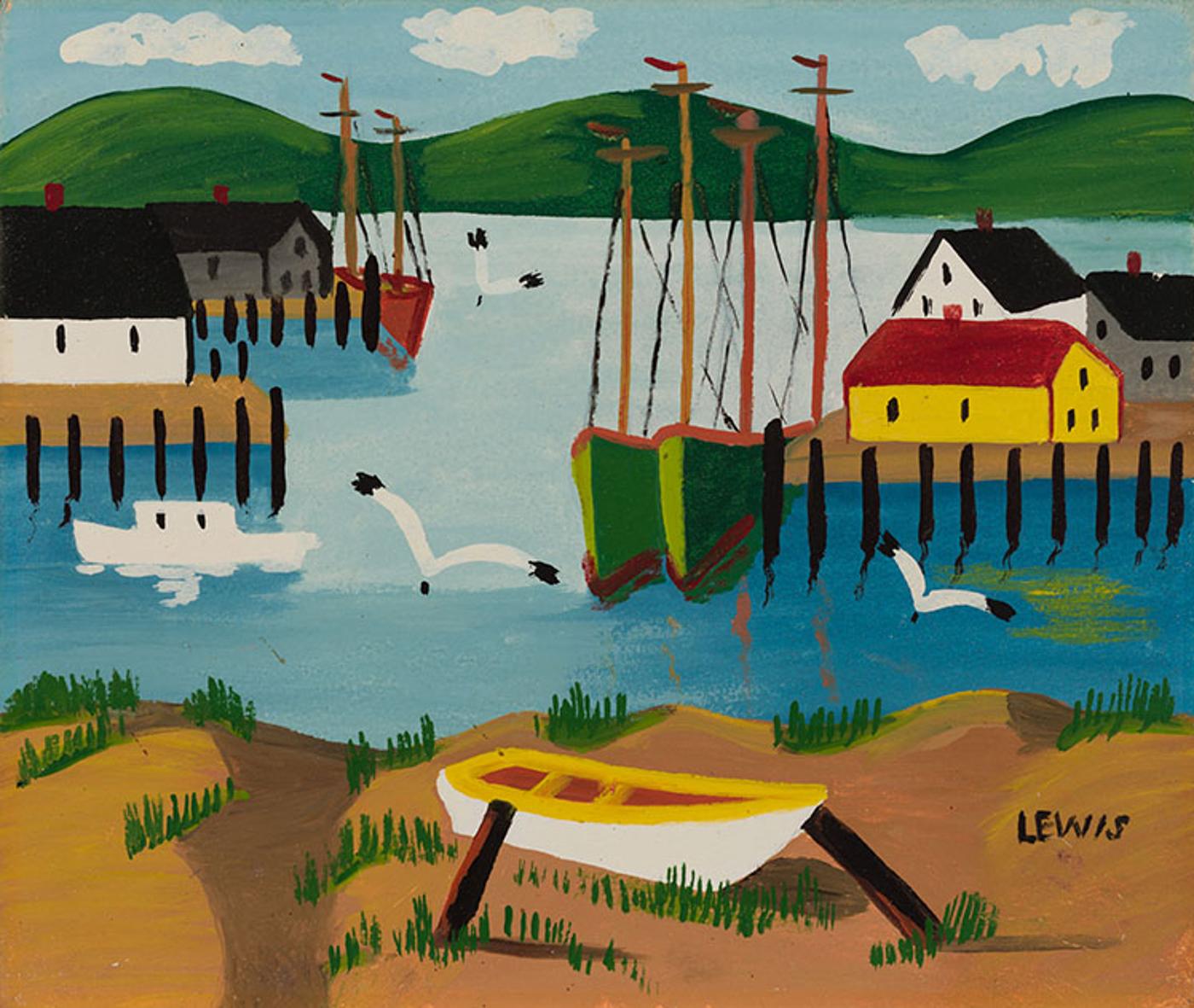 Maud Kathleen Lewis (1903-1970) - Maritime Harbour with Piers and Dinghy on Shore