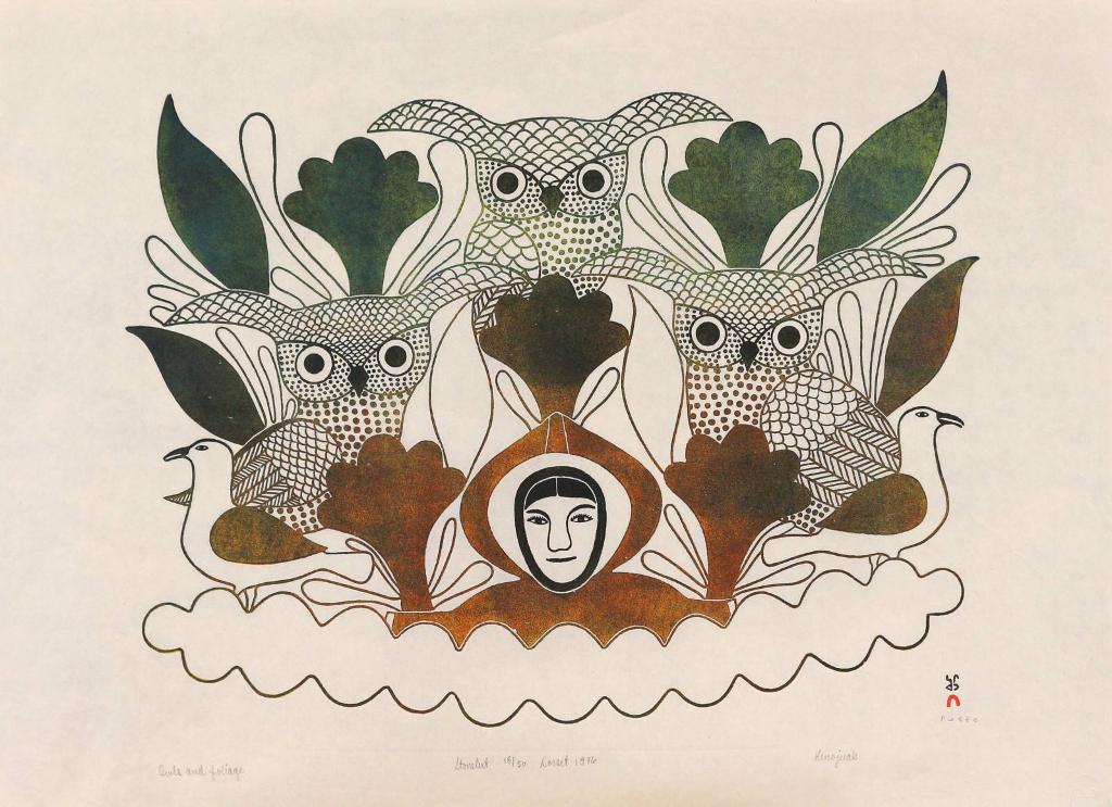 Kenojuak Ashevak (1927-2013) - Owls And Foliage; 1976