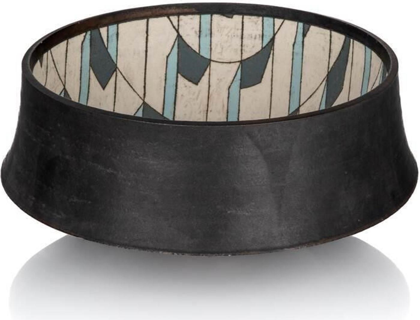 Peter Meanley (1944) - Stoneware (slip decorated geometric pattern interior), with a dark curved metal exterior