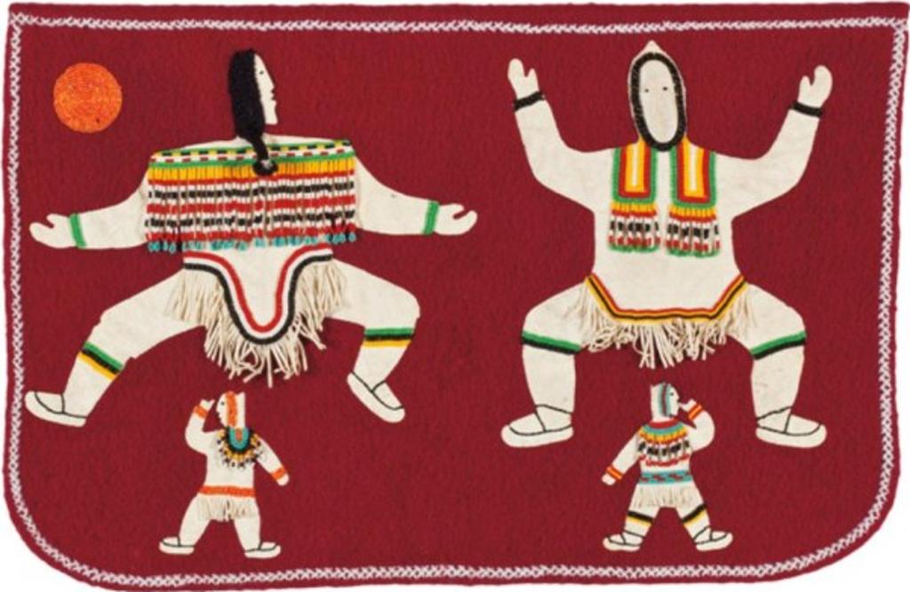 Joy Kiluvigyuak Hallauk (1940-2000) - Four dancers and sun, ca. 1970s, duffle, caribou skin, antler, beads, embroidery floss and thread, 16.5 x 26 in, 42 x 66 cm
