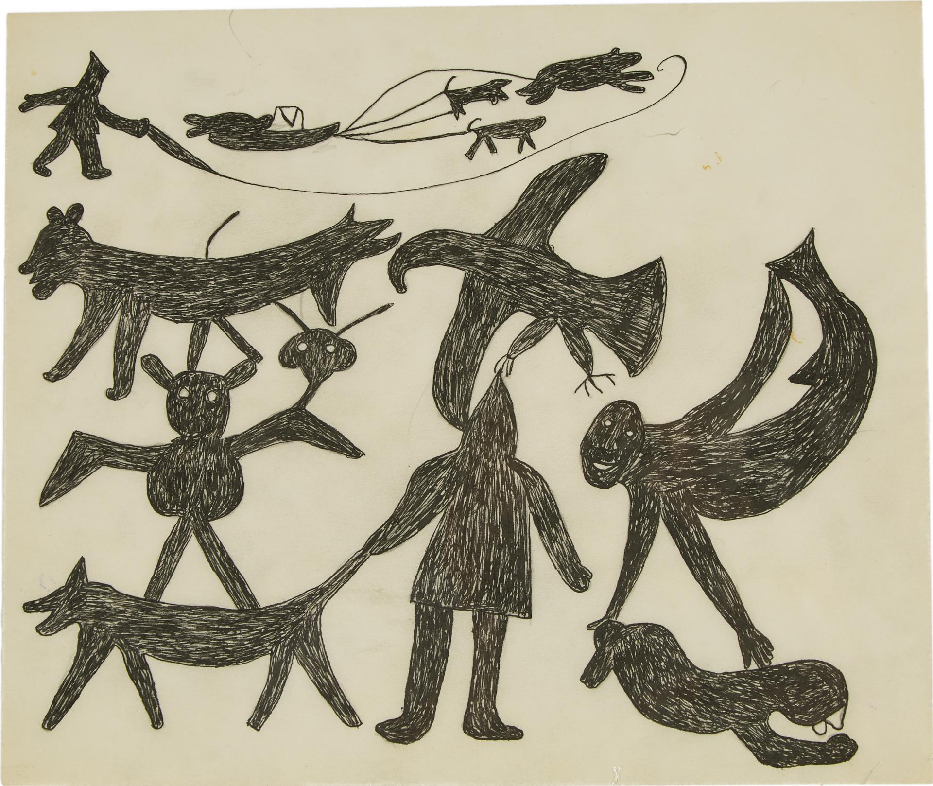 Napatchie Pootoogook (1938-2002) - Composition Of Figures And Spirits