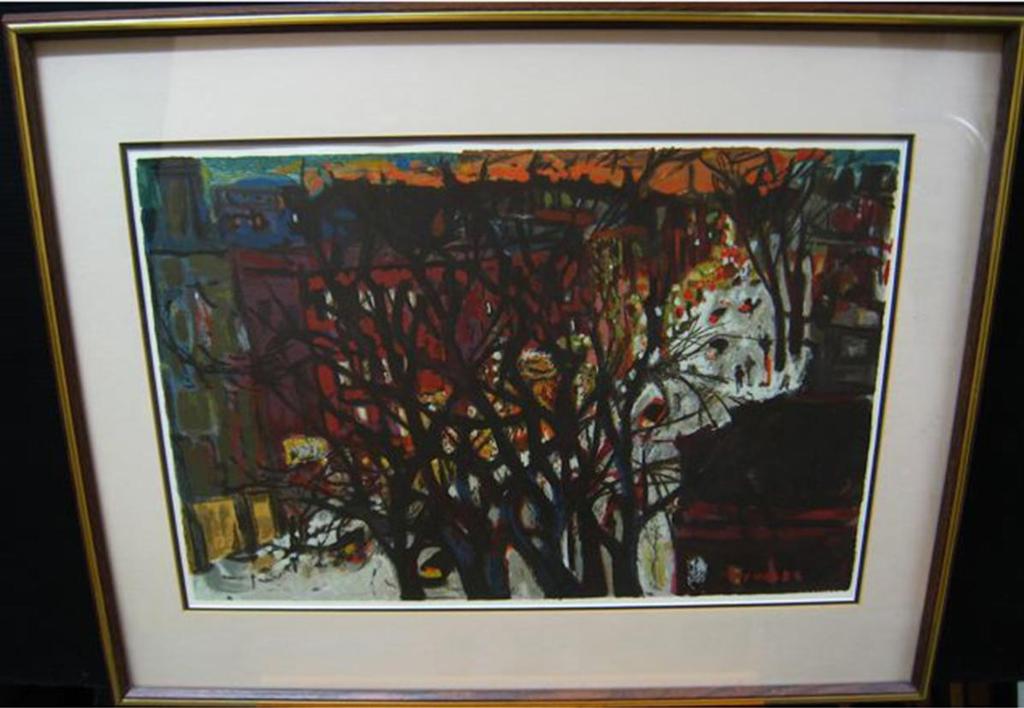 Molly Joan Lamb Bobak (1922-2014) - Winter Street Scene Thru Trees