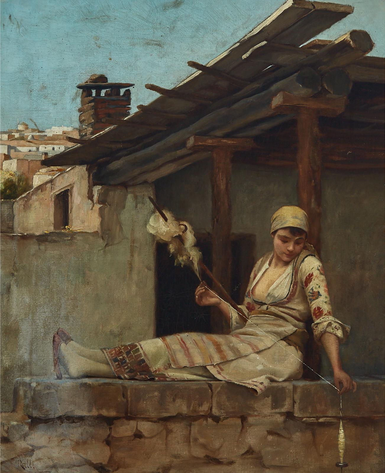 Théodore Jacques Ralli (1852-1909) - Pretty Weaver Girl Resting On A Stone Wall