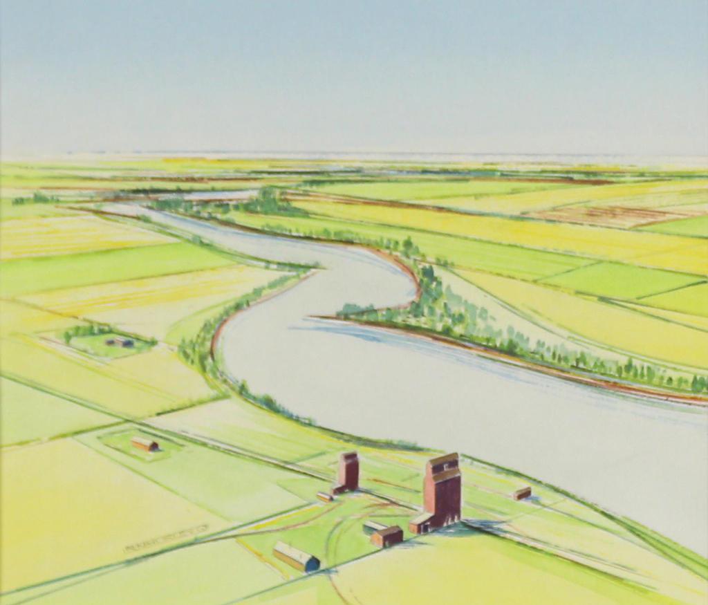 Robert Newton Hurley (1894-1980) - Farmland And Grain Elevators (Aerial View); 1963