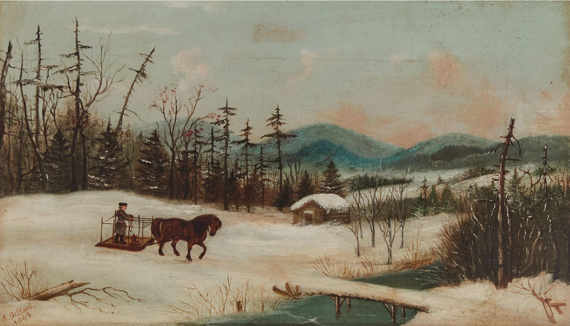 Alexandre Giffard - Man In A Horse-Drawn Sled Approaching A Bridge, 1869