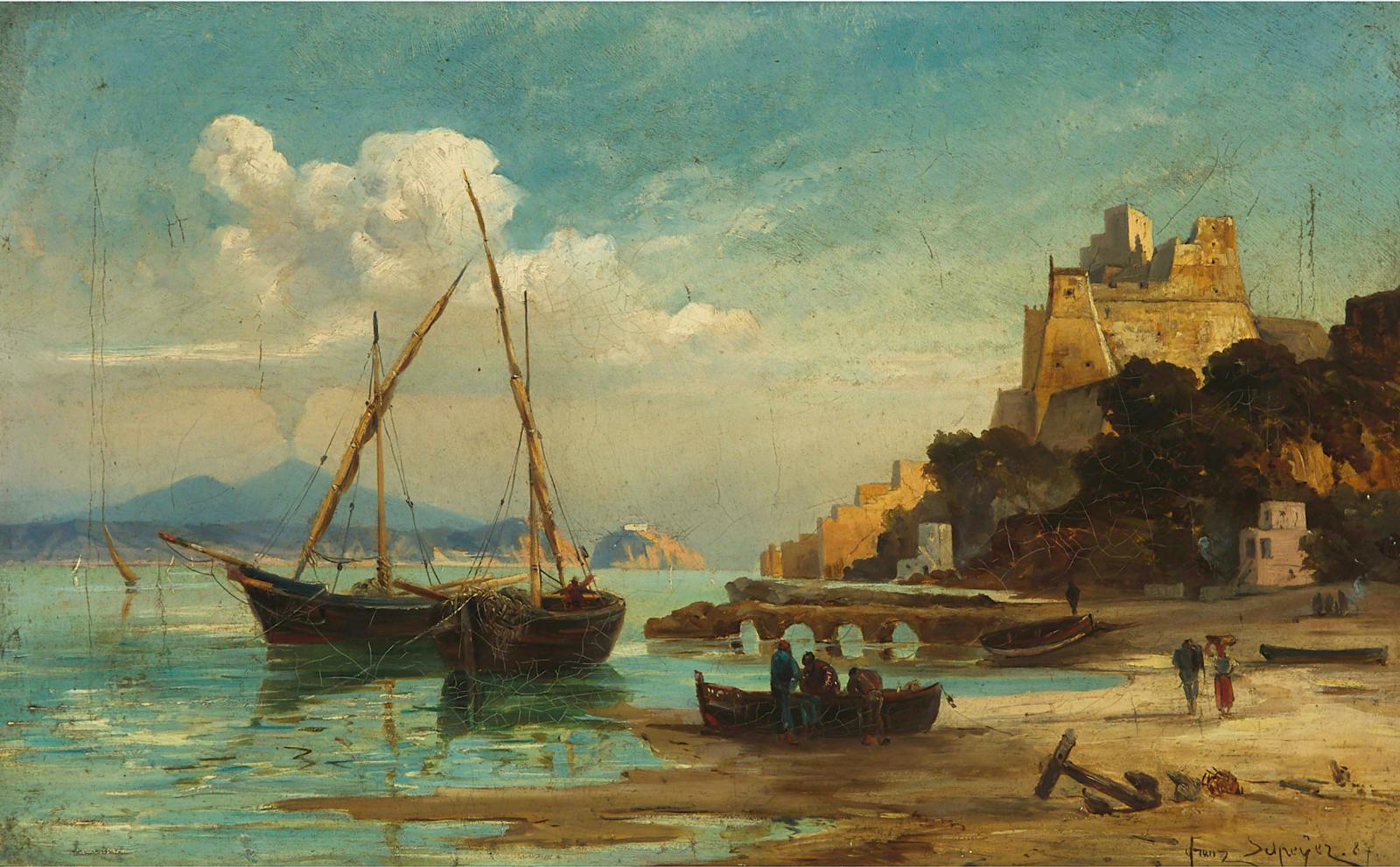 Franz Schreyer (1858) - Boats At Harbour, Naples Bay, 1887