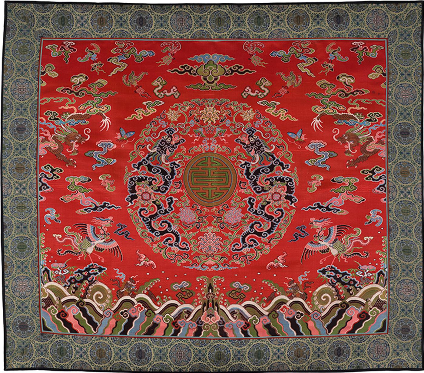 Chinese Art - A Chinese Red Silk Ground Dragon and Phoenix Wedding Panel, 19th Century