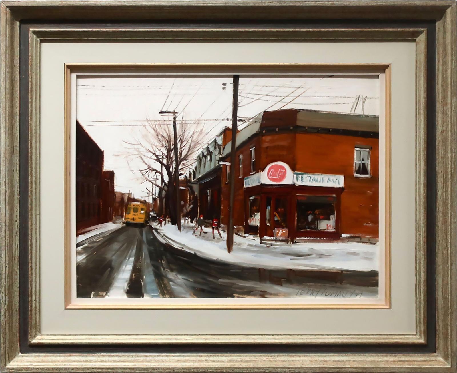 Terry Tomalty (1935) - Untitled (Hockey Kids By Restaurant)