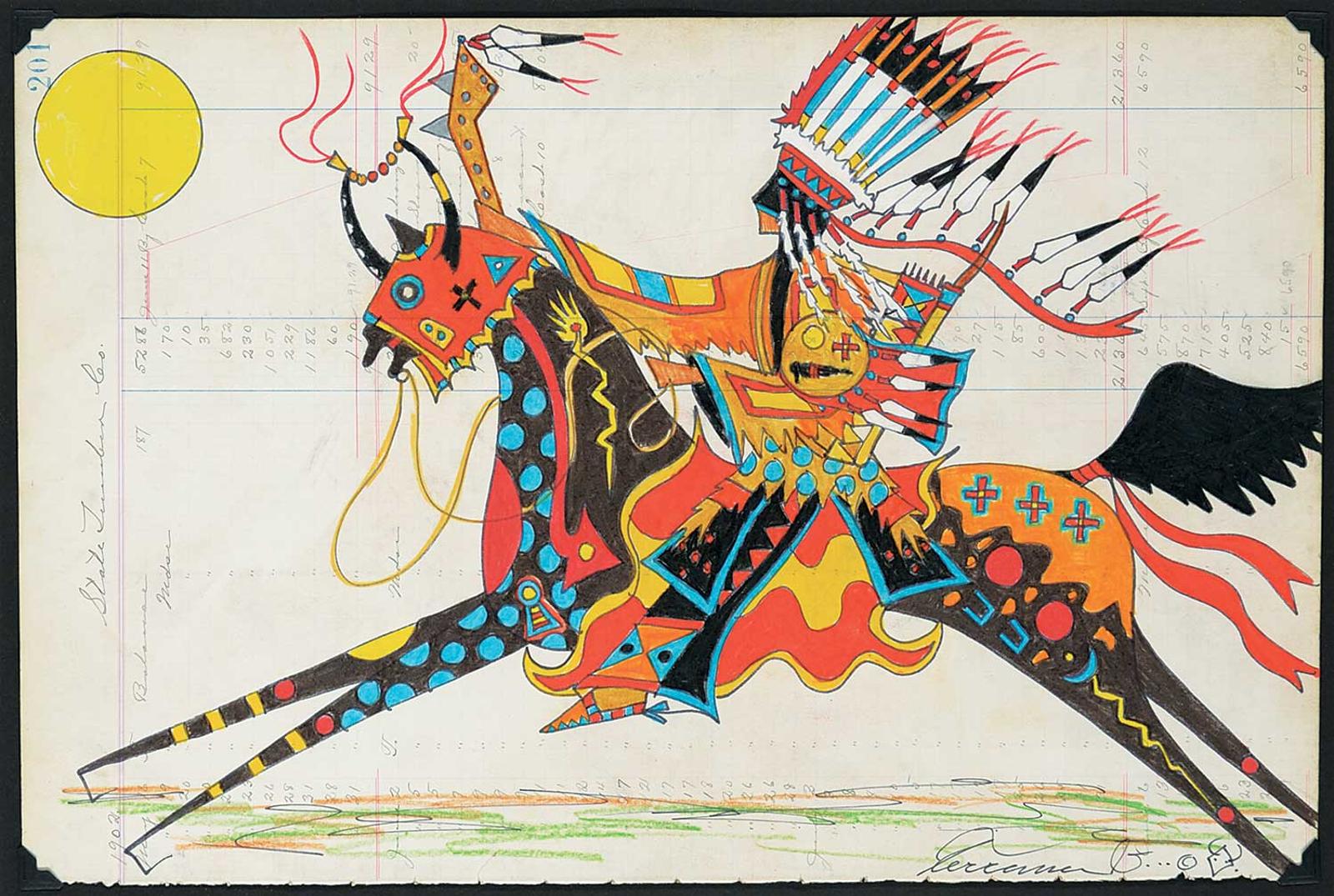 Terrance Guardipee - Untitled - Colourful Horse and Rider on Leger Paper