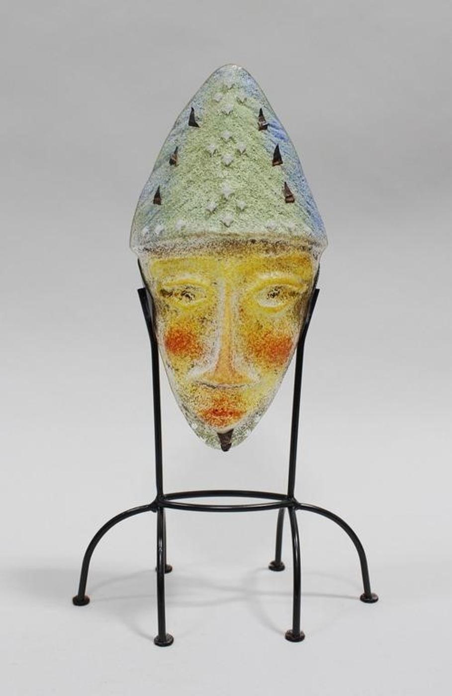 Diane Ferland Cassandre Studio (1955) - A sandcast glass Face Mask sculpture, with copper inlay, on a metal display stand