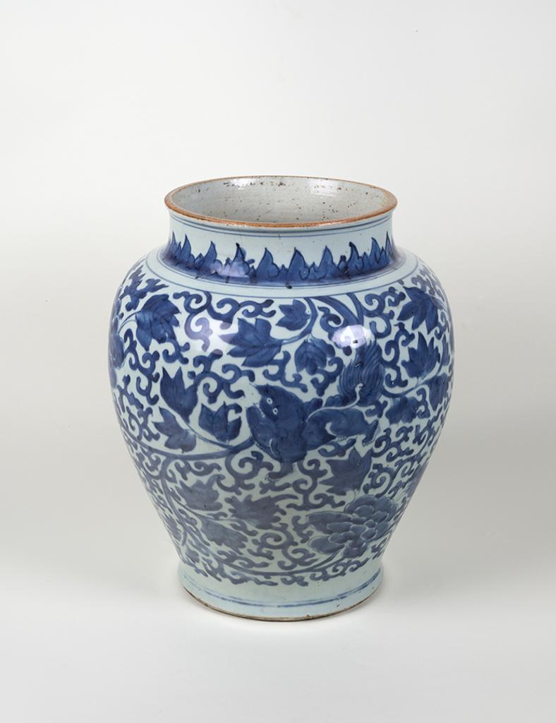 Chinese Art - A Large Chinese Blue and White 'Lion and Peonies' Guan Jar, Ming Dynasty, Wanli Period (1573 - 1620)