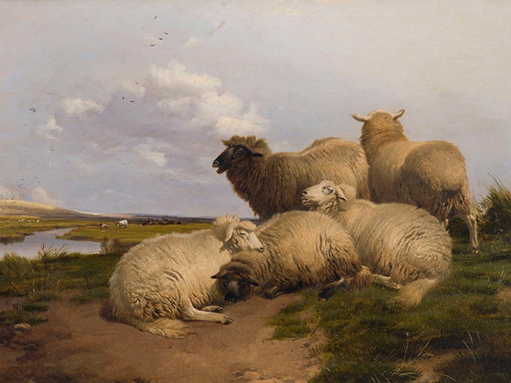 Thomas Sydney Cooper (1803-1902) - Five Sheep with Cows in Canterbury Meadows
