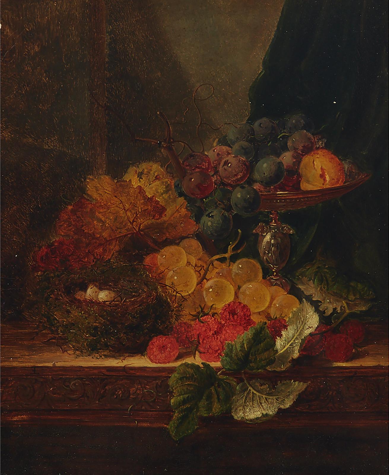 Edward Ladell (1821-1886) - Grapes, Berries And An Egg Nest On A Carved Ledge