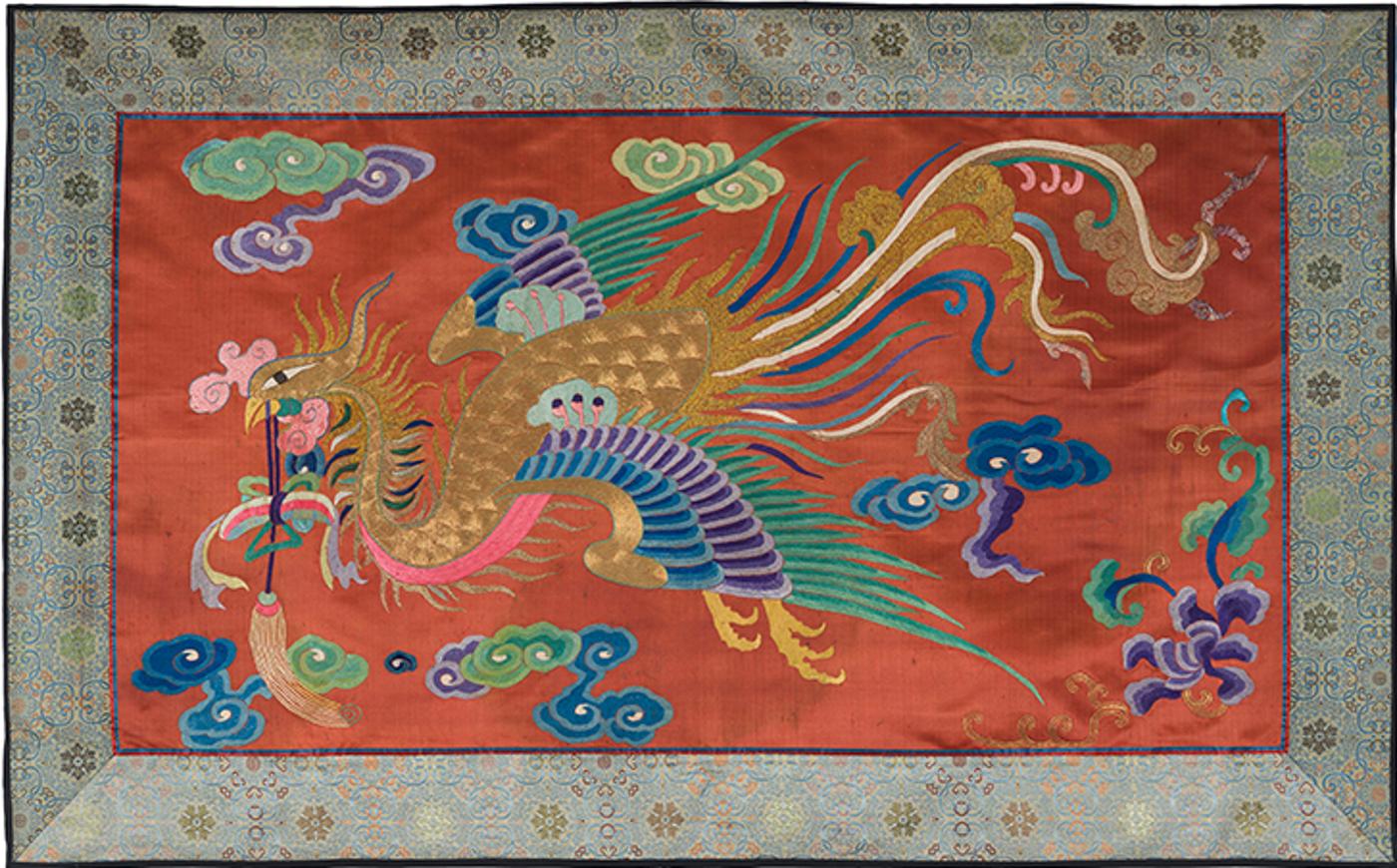 Chinese Art - A Chinese Red Silk Ground Phoenix Panel Fragment, 19th Century