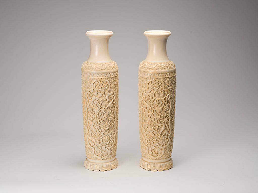 Chinese Art - A Pair of Large Chinese Export-Style Ivory Carved Vases, Circa 1950