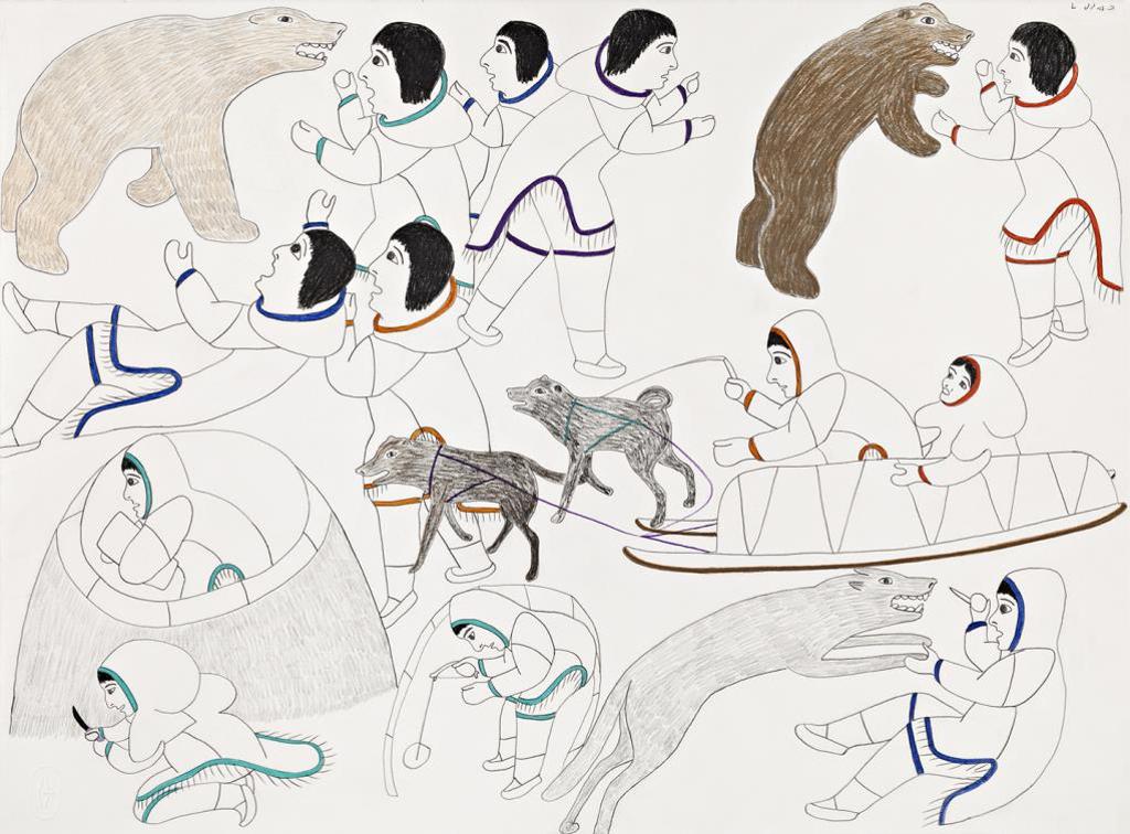 Victoria Mamnguqsualuk (1930-2016) - Untitled (Fighting Wild Animals, Travelling by Sled and Igloo Building), 1979