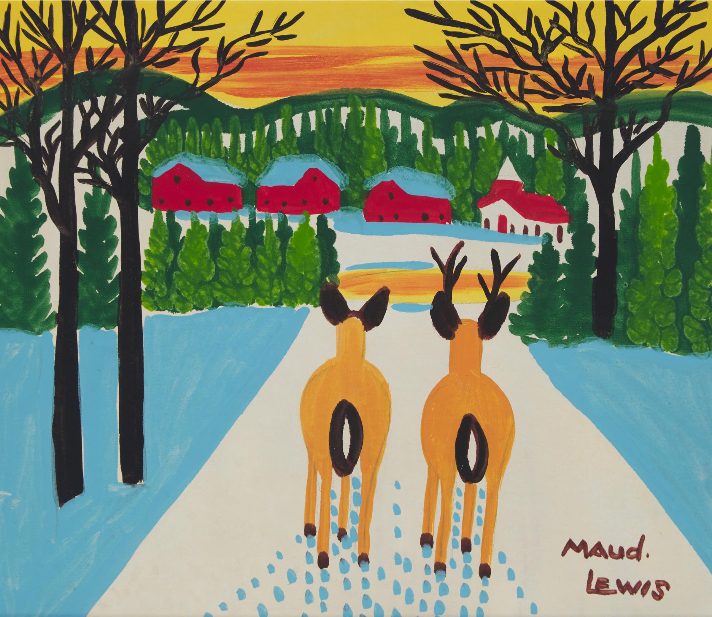 Maud Kathleen Lewis (1903-1970) - Untitled (Two Deer, Sunset)