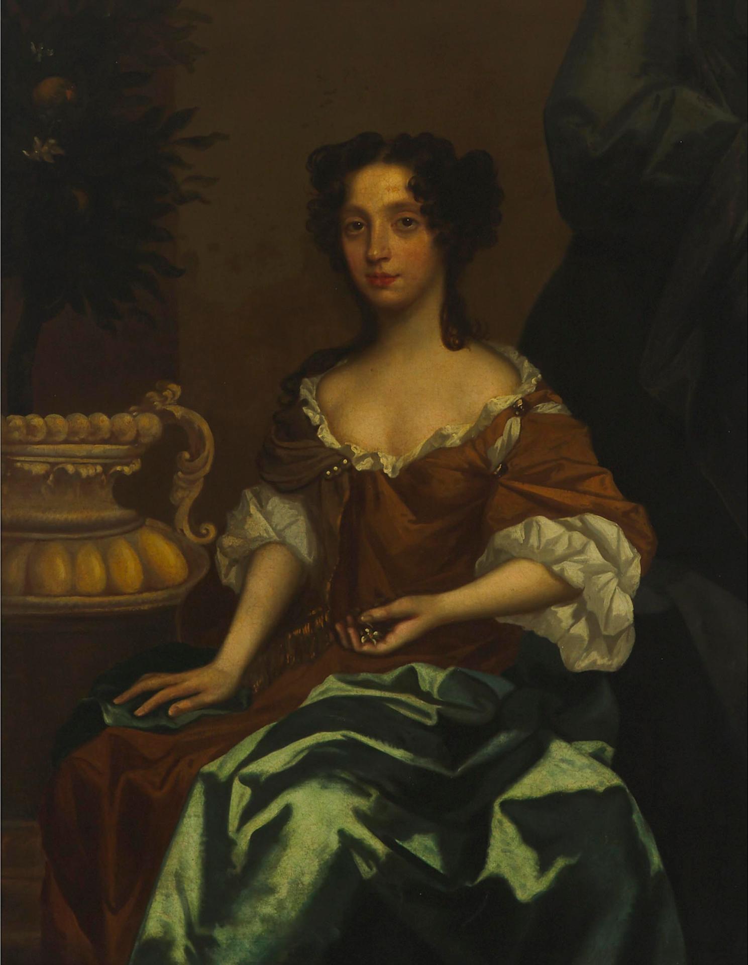 Follower of Sir Peter Lely (1618) - Portrait Of A Lady (Likely  Catherine Sedley, Countess Of Dorcester) Seated By An Urn Holding A Posy Of Flowers