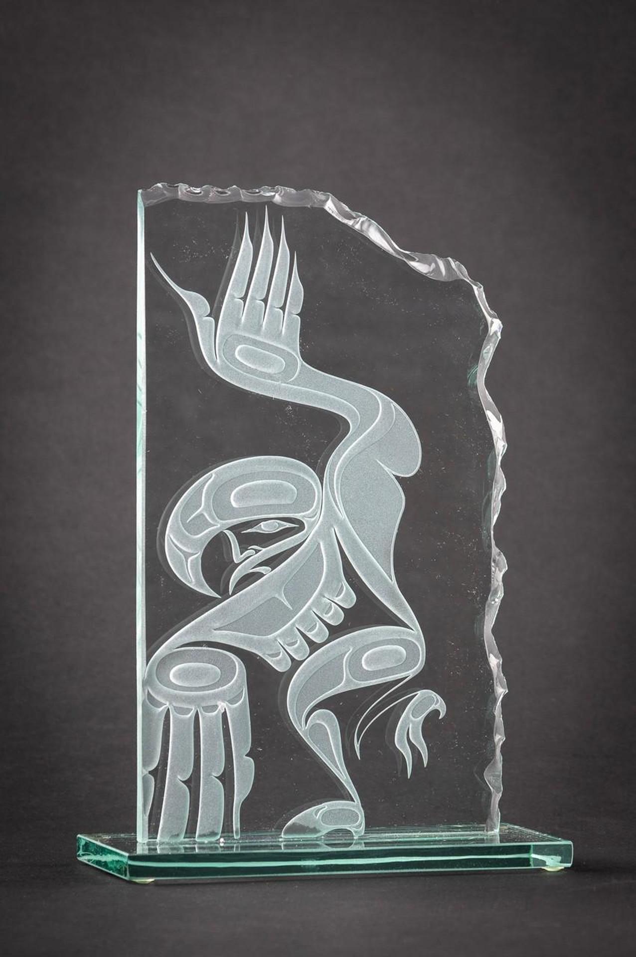 Alano Edzerza - an etched glass panel depicting an Eagle dancer.