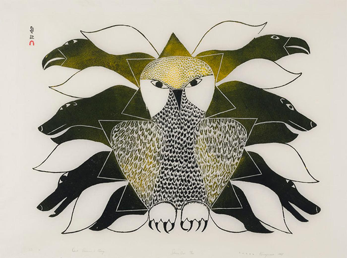 Kenojuak Ashevak (1927-2013) - Owl, Ravens and Dogs