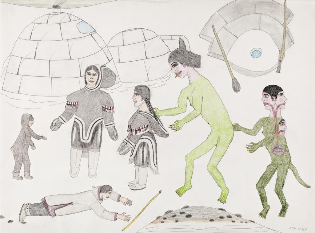 Nancy Pukingrnak Aupaluktuq (1940) - Untitled (Camp Attacked by Green Monsters), 1988, coloured pencil and graphite drawing