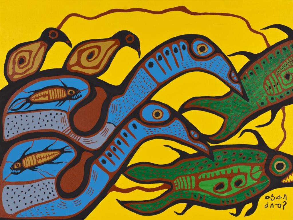 Norval H. Morrisseau (1931-2007) - Anishnabe, Birds and Fish, 1976