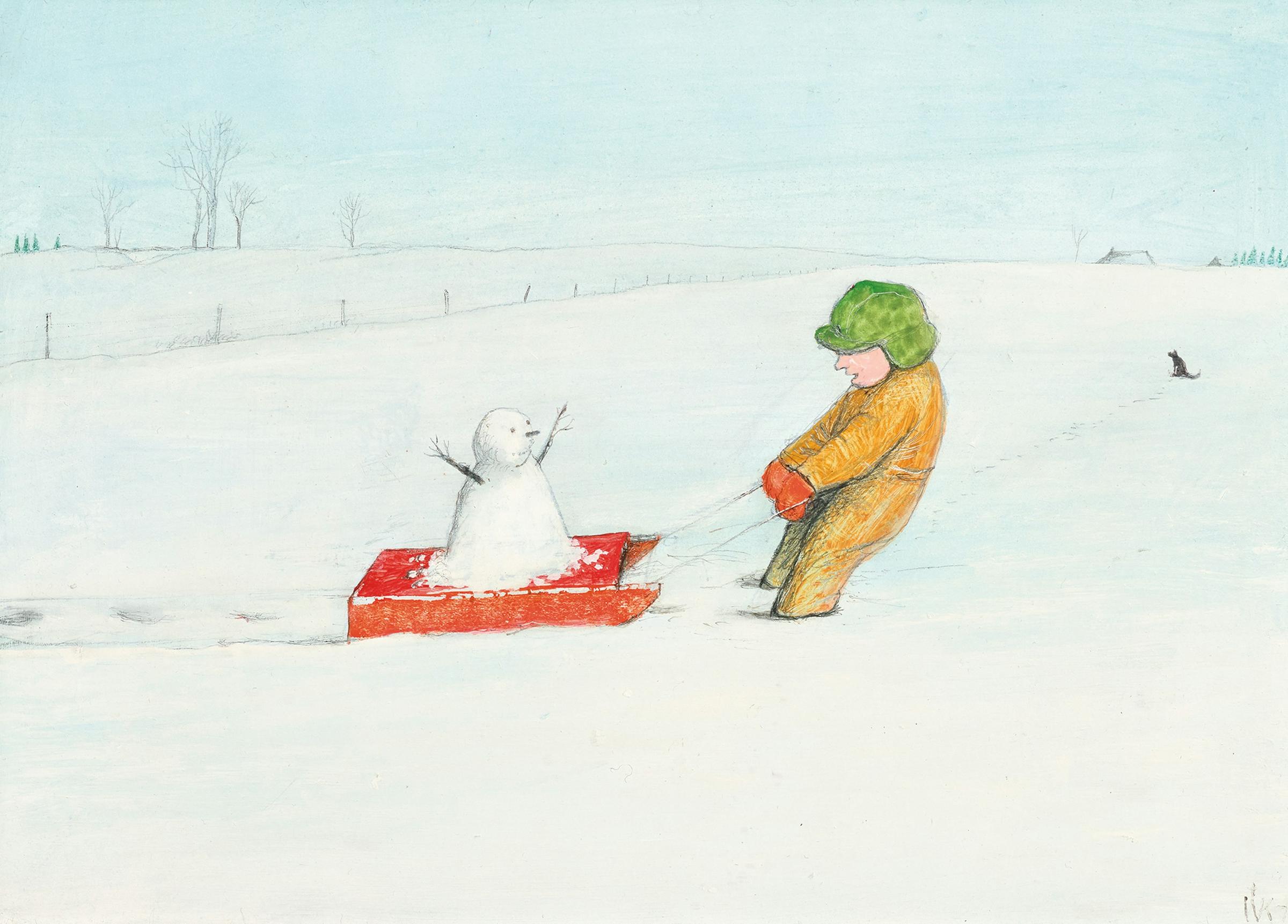 William Kurelek (1927-1977) - A Little Girl and Her Snowman, 1973