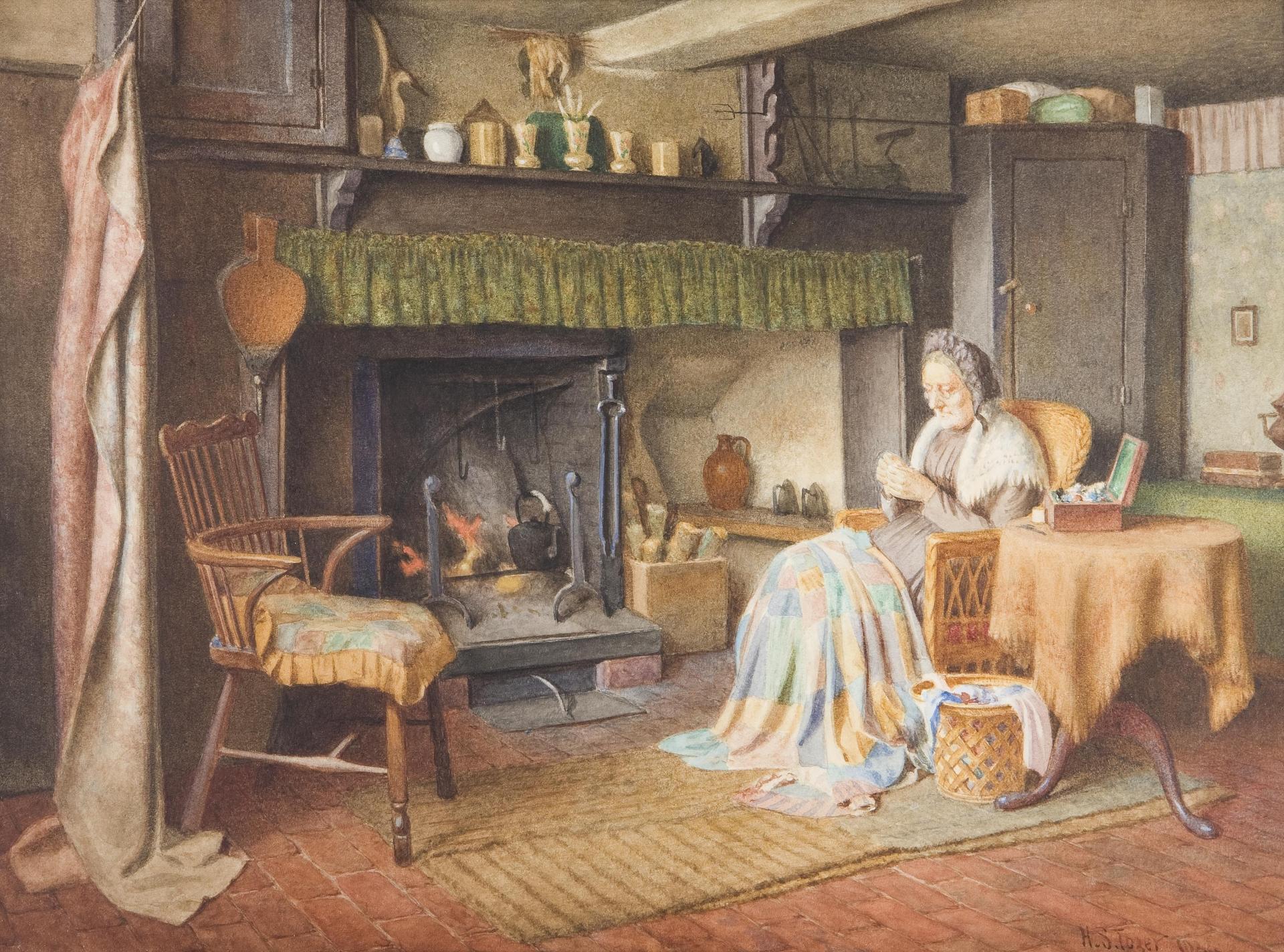 Henry Edward Spernon Tozer (1864-1938) - Old woman sewing by the fireside; Old man reading the newspaper by the fireside