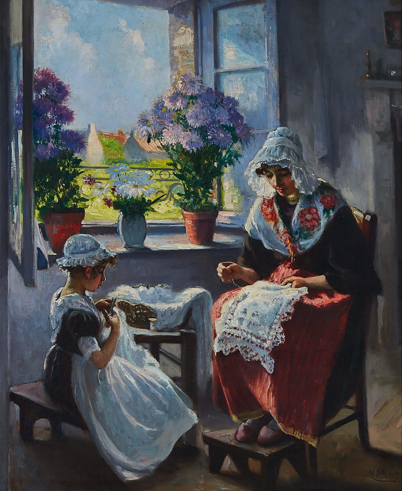 Max Silbert (1871-1930) - Sewing Lesson In A Sunlit Interior