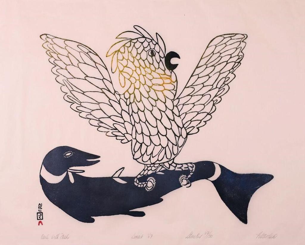 Pitseolak Ashoona (1904-1983) - Owl With Fish; 1967