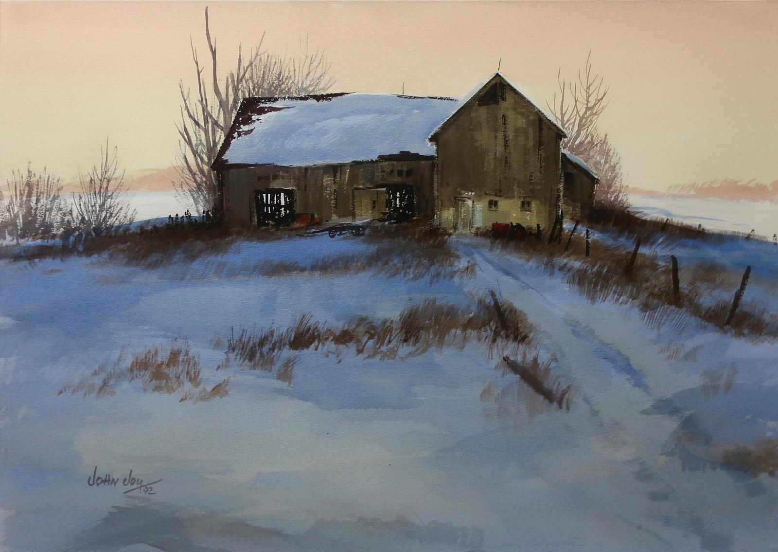 John Joy (1925-2012) - Untitled (Old Barn At Sunset - Winter)