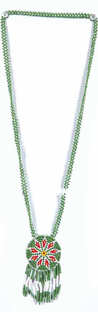 First Nations Basket School - Untitled - Green and White Beaded Necklace with various coloured beaded Pendant