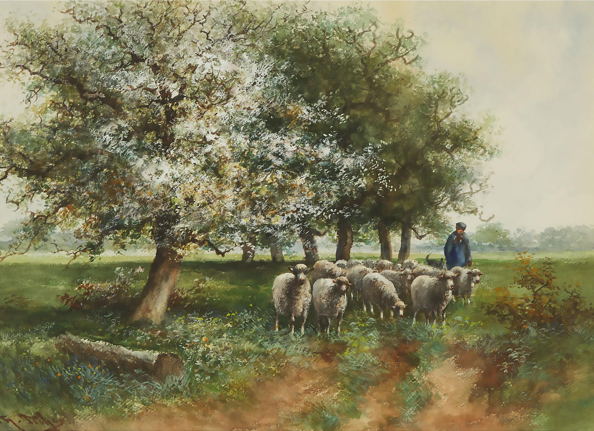 Hugo Antoine Fisher (1854-1916) - Farmer Herding Sheep