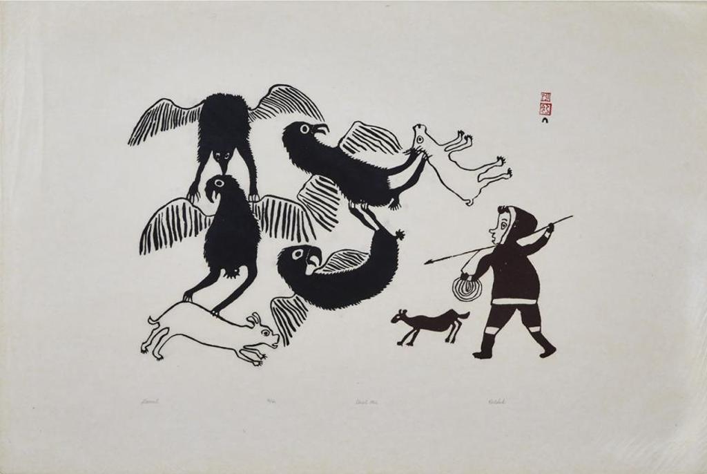 Kiakshuk (1886-1966) - Hunter And Dogs, 4 Large Birds
